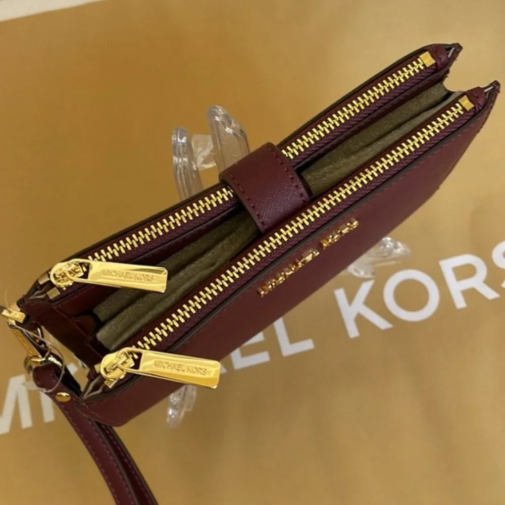 Michael Kors Jet Set Travel Large Double Zip Wristlet Wallet Dark Cherry Leather